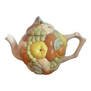 Vtg Italian Style Orange Green Ceramic Embossed Fruit Teapot W/Lid Signed 1975